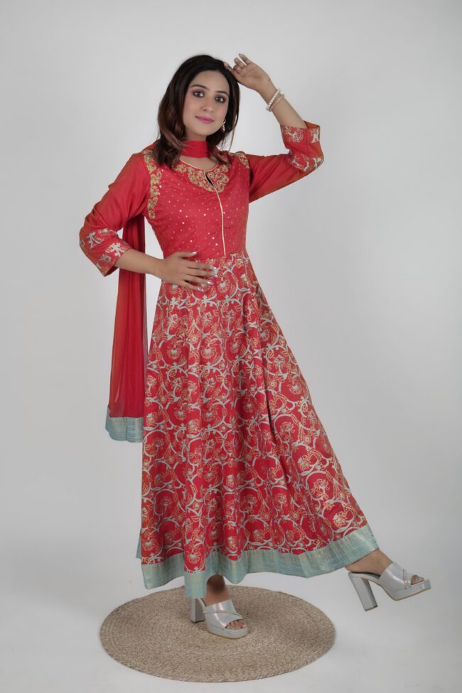 Women Red Muslin Embroided And Foil Print Flared Long Dress With Dupatta - Image 4