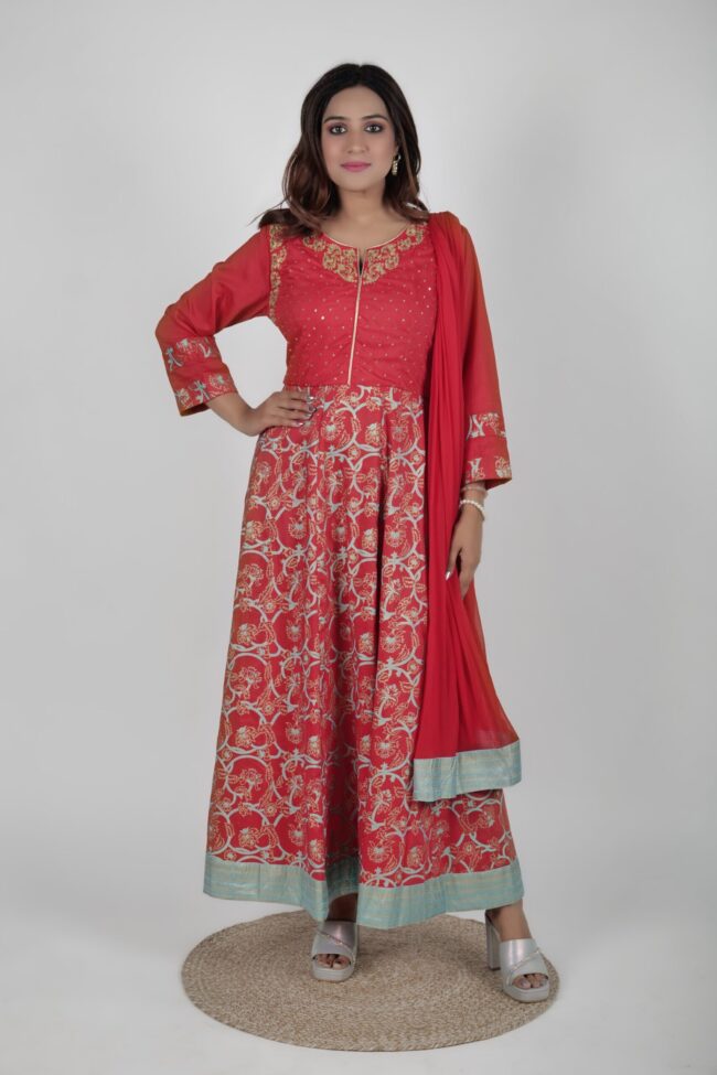 Women Red Muslin Embroided And Foil Print Flared Long Dress With Dupatta - Image 5