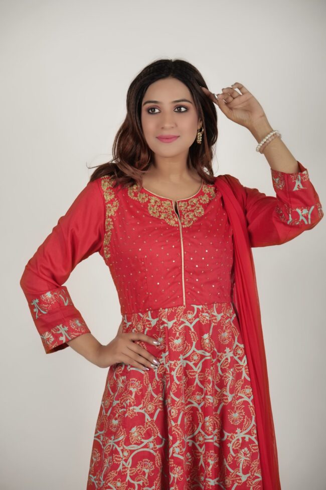 Women Red Muslin Embroided And Foil Print Flared Long Dress With Dupatta - Image 6