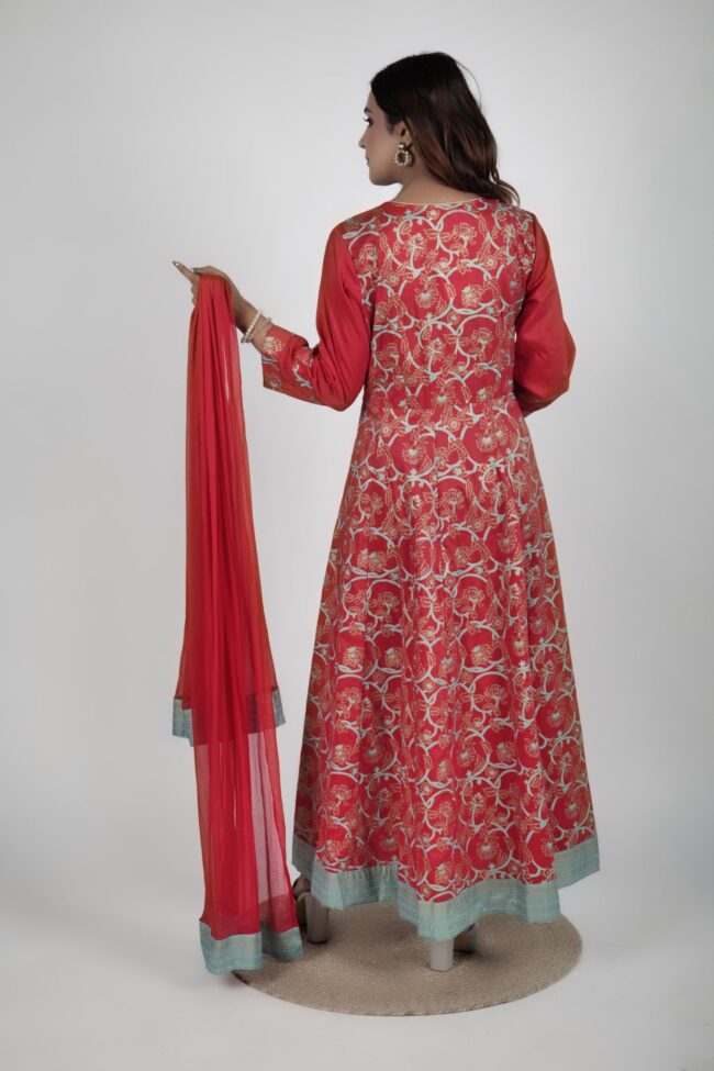 Women Red Muslin Embroided And Foil Print Flared Long Dress With Dupatta - Image 7