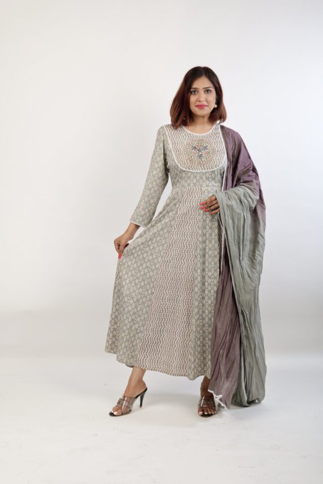 Women Grey Color Rayon Fabric Flared Printed Dress & Dupatta