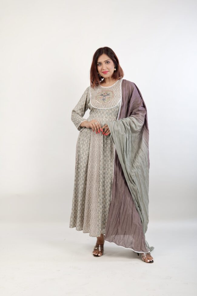 Women Grey Color Rayon Fabric Flared Printed Dress & Dupatta - Image 2