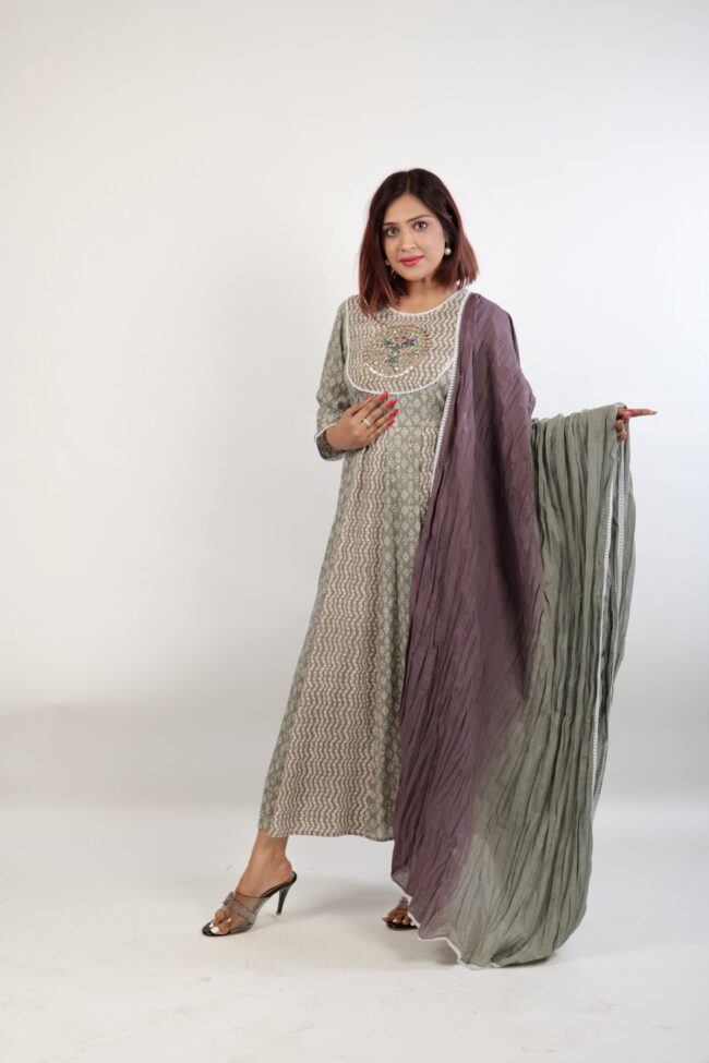 Women Grey Color Rayon Fabric Flared Printed Dress & Dupatta - Image 3