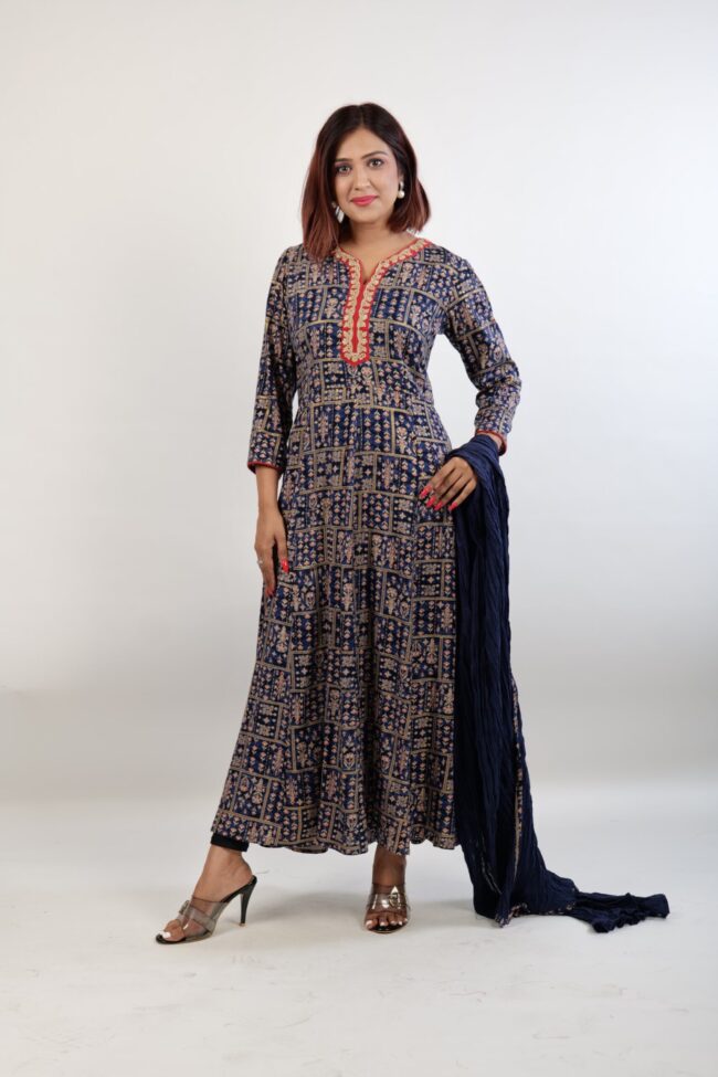 Women Blue Color Rayon Fabric Flared Kurta & Dupatta