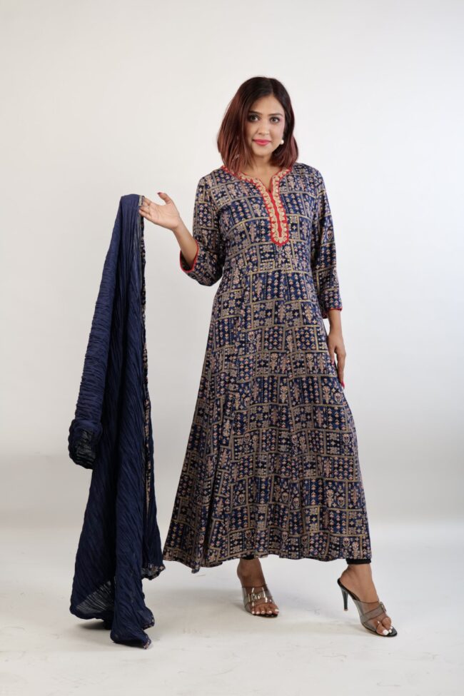 Women Blue Color Rayon Fabric Flared Kurta & Dupatta - Image 3