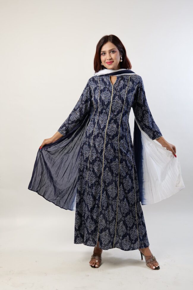 Women Navy Blue Color Rayon Fabric Flared Dress with Dupatta