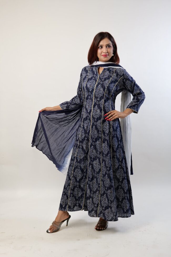 Women Navy Blue Color Rayon Fabric Flared Dress with Dupatta - Image 7