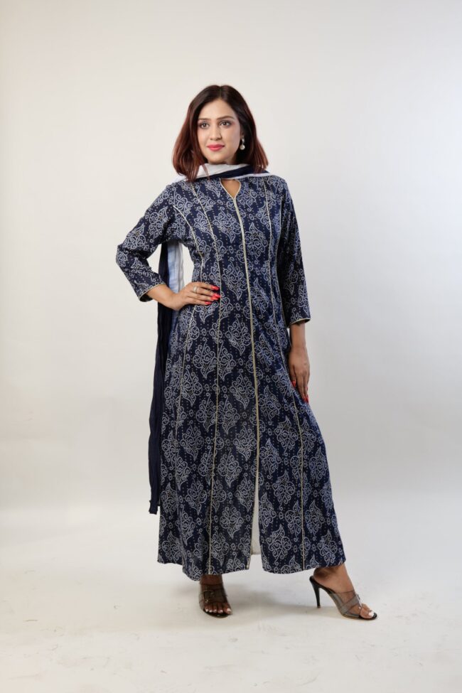 Women Navy Blue Color Rayon Fabric Flared Dress with Dupatta - Image 6