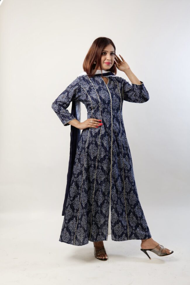 Women Navy Blue Color Rayon Fabric Flared Dress with Dupatta - Image 5