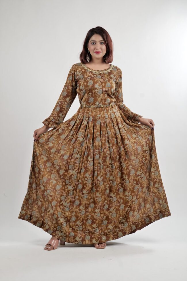 Women Coffee Color Cotton Printed Dress with Designer Belt