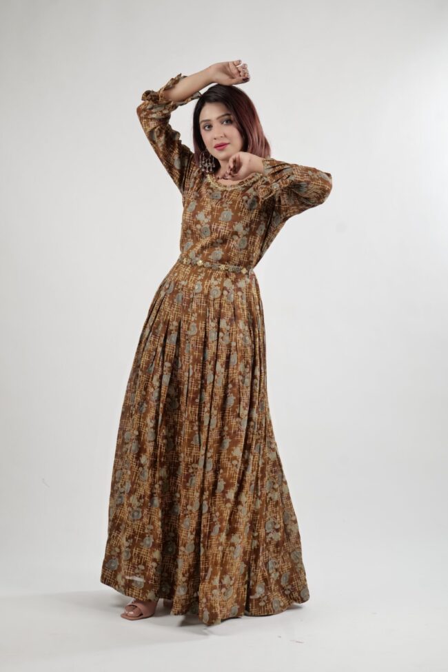 Women Coffee Color Cotton Printed Dress with Designer Belt - Image 8