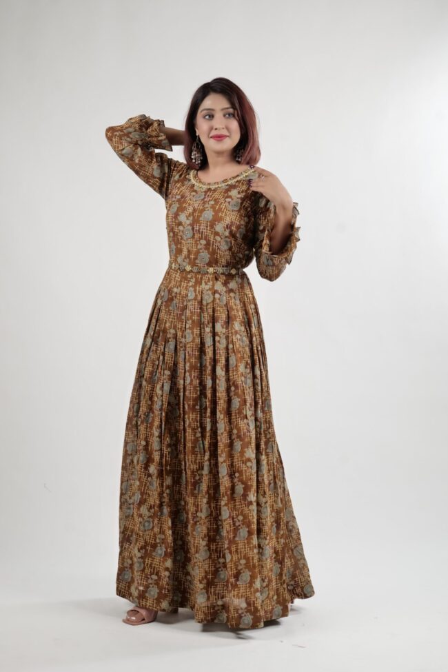 Women Coffee Color Cotton Printed Dress with Designer Belt - Image 7