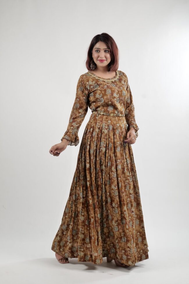 Women Coffee Color Cotton Printed Dress with Designer Belt - Image 6