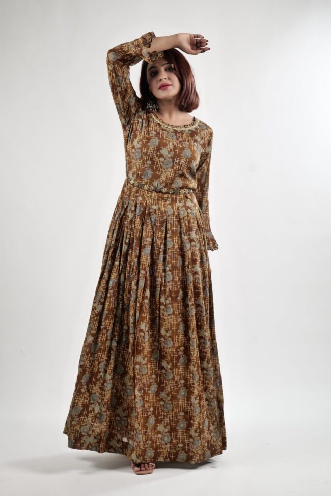 Women Coffee Color Cotton Printed Dress with Designer Belt - Image 4