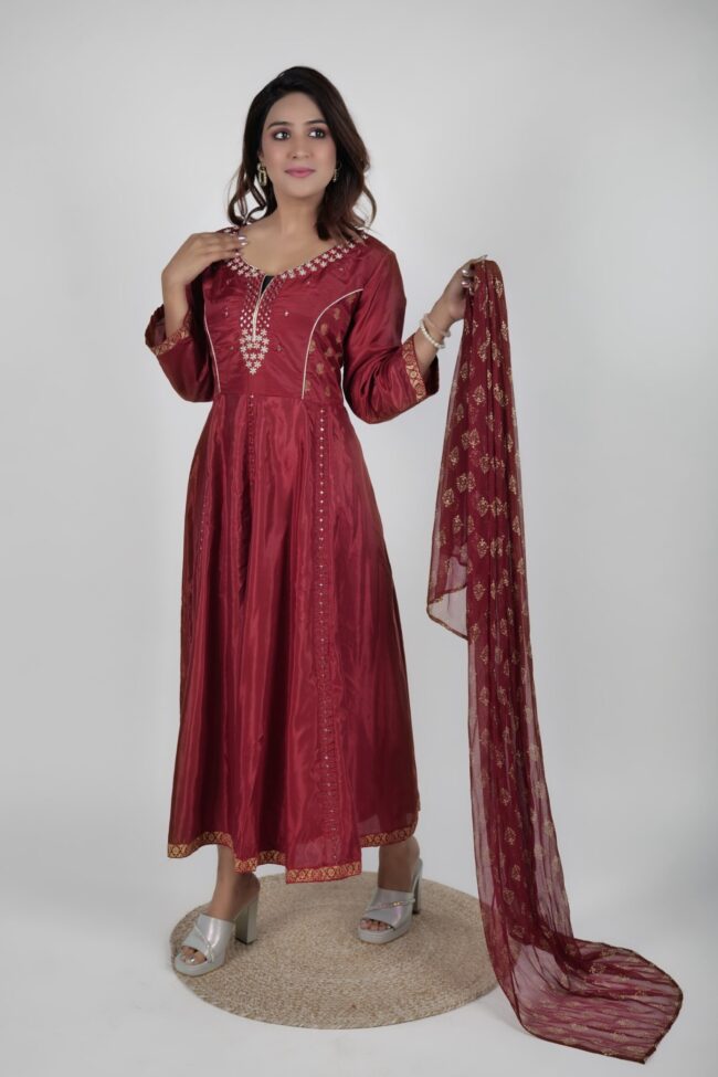 Women Maroon Shantoon Embroided Flared Dress With Foil Print Dupatta