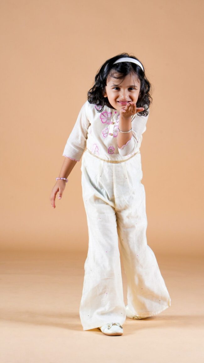 Girls Chanderi Cream Color Thread Embroidery Jumpsuit - Image 2