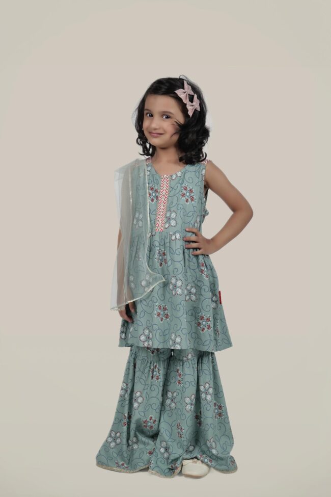 Kids Sea Green Rayon Printed Flared Kurti With Sharara And Dupatta