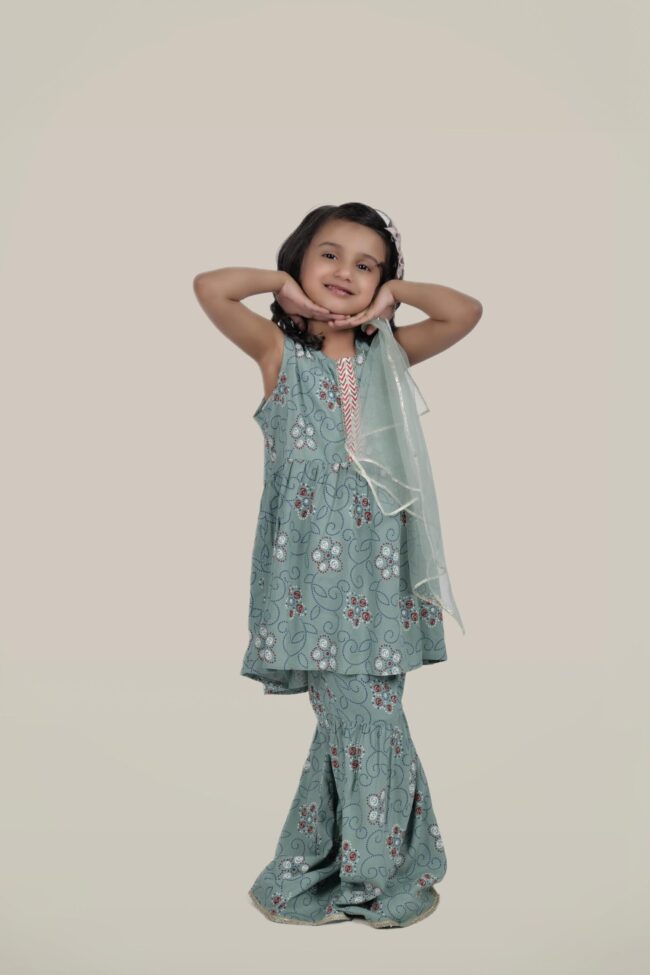 Kids Sea Green Rayon Printed Flared Kurti With Sharara And Dupatta - Image 2