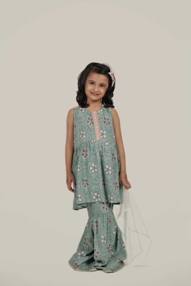 Kids Sea Green Rayon Printed Flared Kurti With Sharara And Dupatta - Image 3