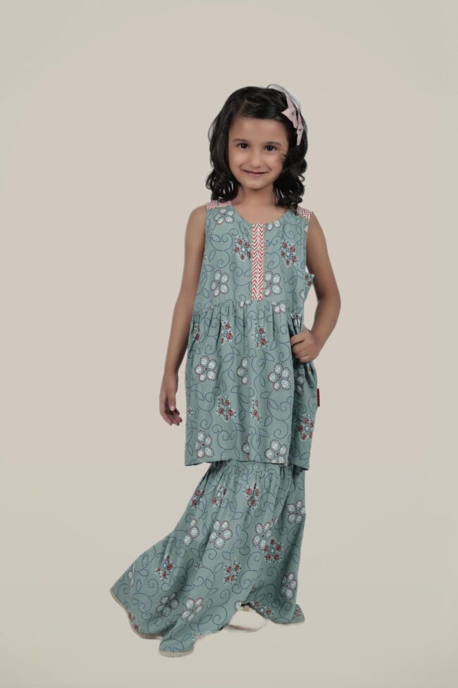 Kids Sea Green Rayon Printed Flared Kurti With Sharara And Dupatta - Image 4