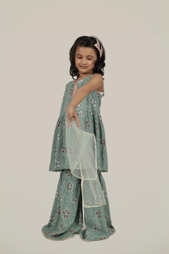 Kids Sea Green Rayon Printed Flared Kurti With Sharara And Dupatta - Image 5