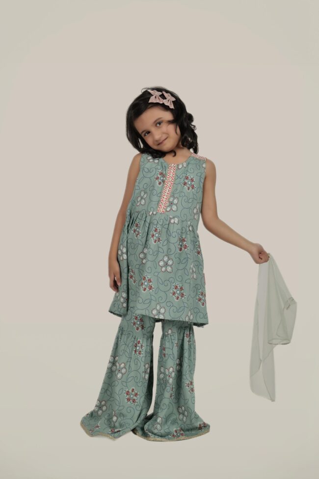 Kids Sea Green Rayon Printed Flared Kurti With Sharara And Dupatta - Image 6