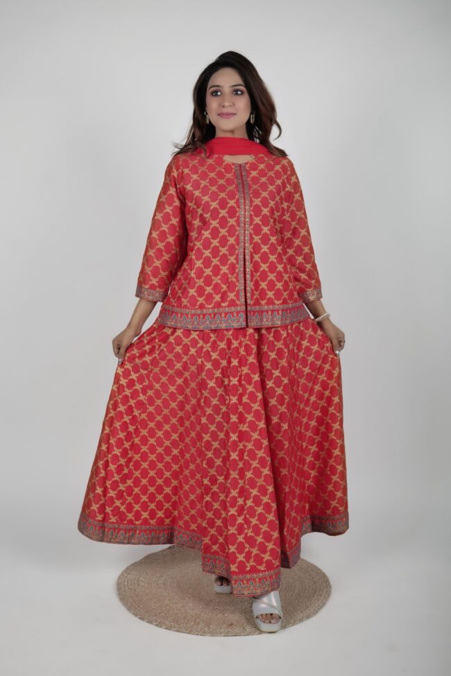 Women Red Muslin Foil Print Lehnga Choli With Dupatta