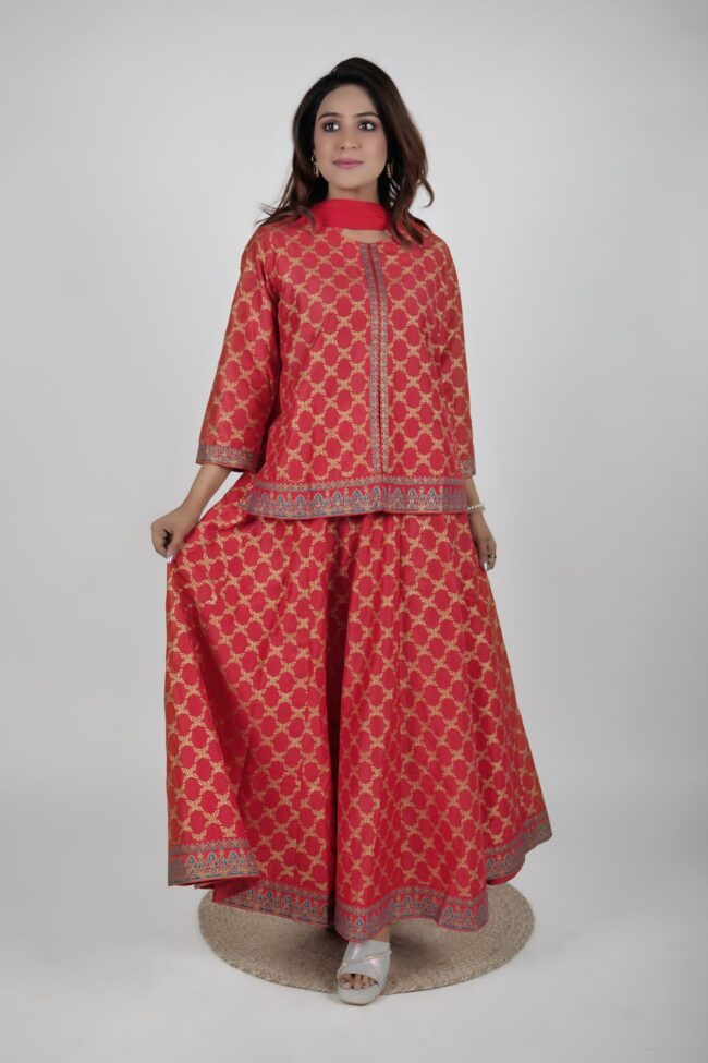 Women Red Muslin Foil Print Lehnga Choli With Dupatta - Image 10