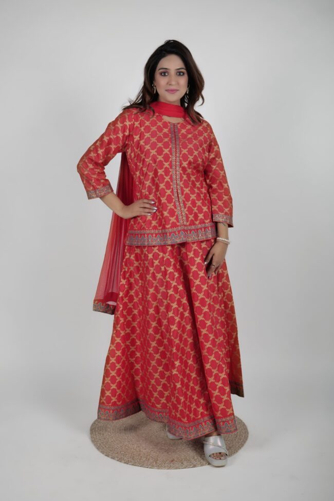 Women Red Muslin Foil Print Lehnga Choli With Dupatta - Image 9