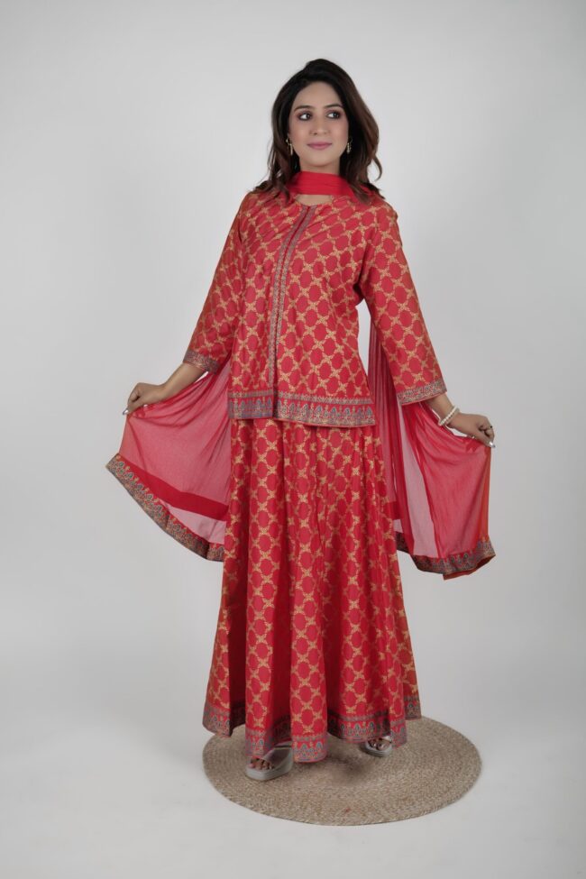 Women Red Muslin Foil Print Lehnga Choli With Dupatta - Image 8