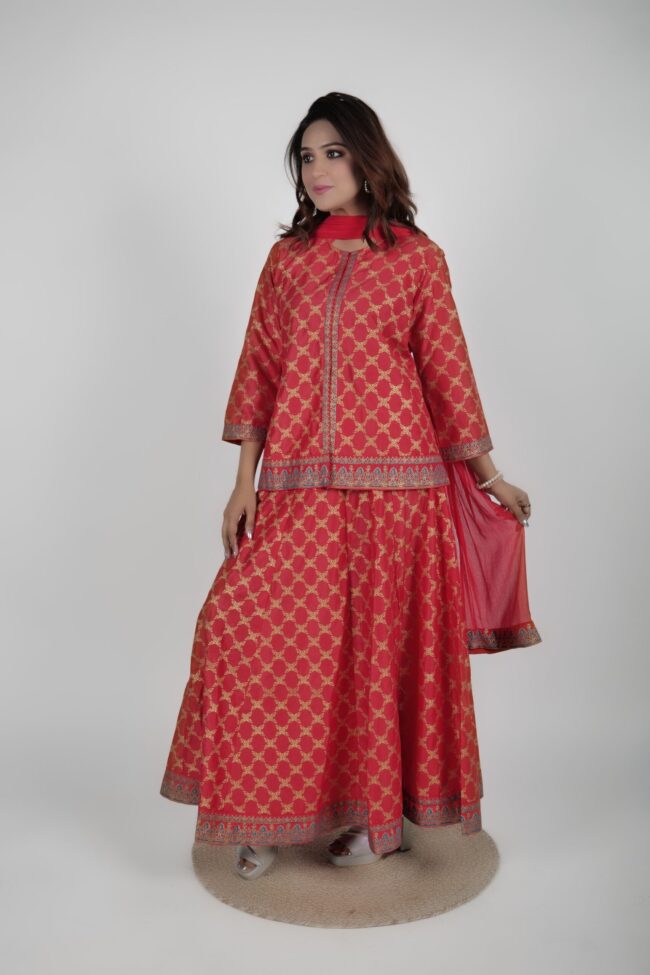 Women Red Muslin Foil Print Lehnga Choli With Dupatta - Image 7