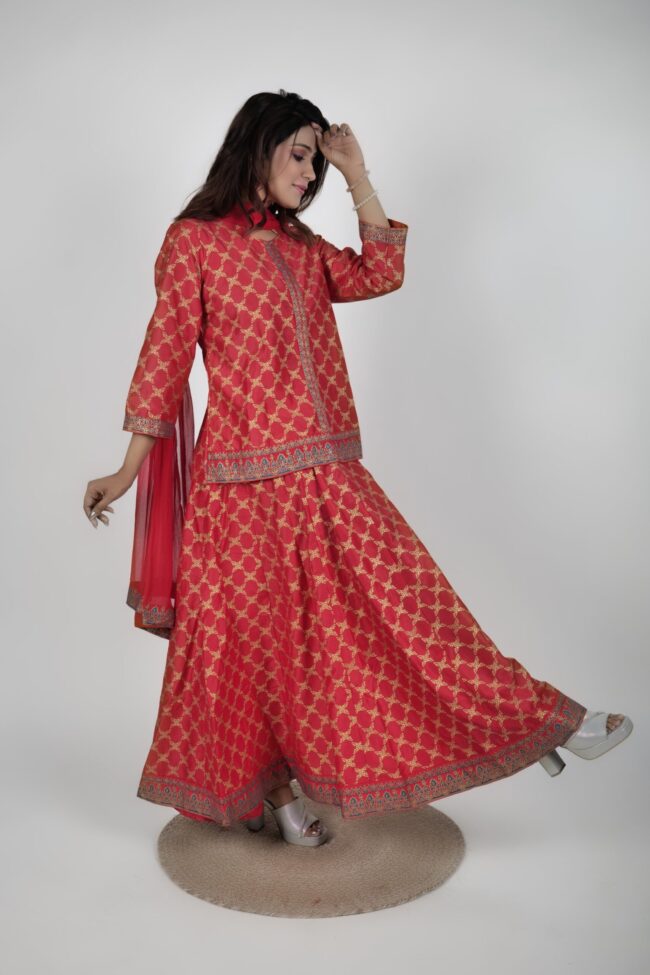 Women Red Muslin Foil Print Lehnga Choli With Dupatta - Image 6