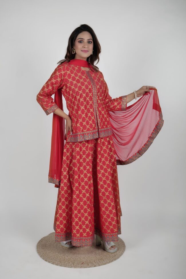 Women Red Muslin Foil Print Lehnga Choli With Dupatta - Image 5