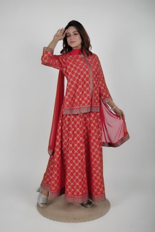 Women Red Muslin Foil Print Lehnga Choli With Dupatta - Image 4