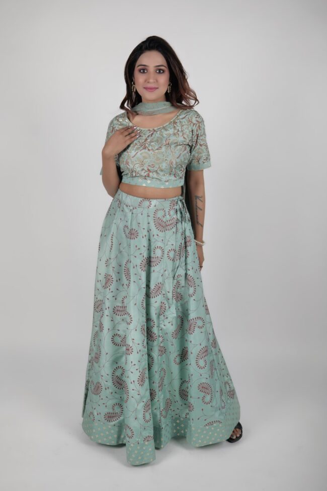 Women Green Shantoon Foil Print Lehnga Choli With Dupatta