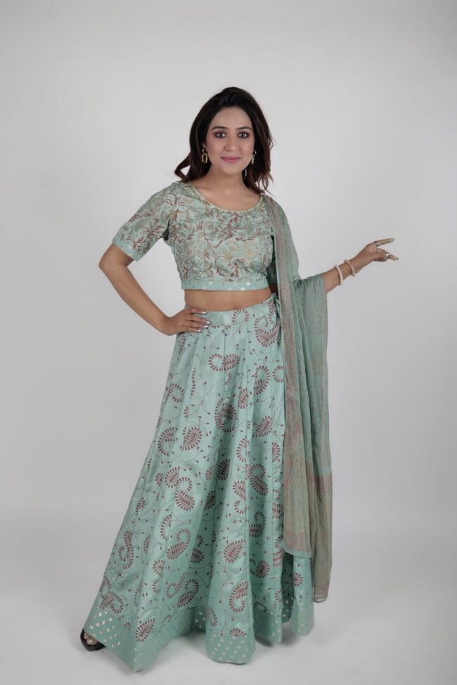 Women Green Shantoon Foil Print Lehnga Choli With Dupatta - Image 8