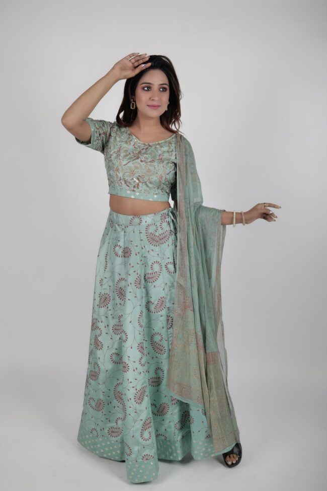 Women Green Shantoon Foil Print Lehnga Choli With Dupatta - Image 7