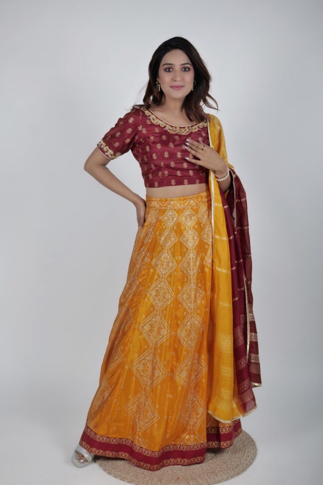 Women Mustard And Maroon Shantoon Embroided And Foil Print Lehnga Choli With Dupatta