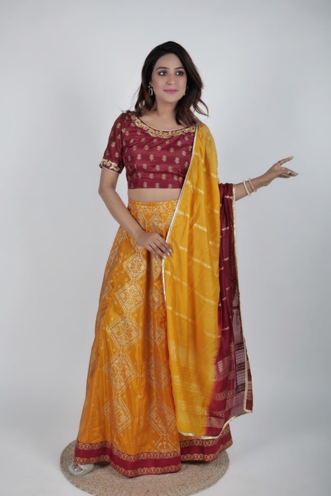 Women Mustard And Maroon Shantoon Embroided And Foil Print Lehnga Choli With Dupatta - Image 8