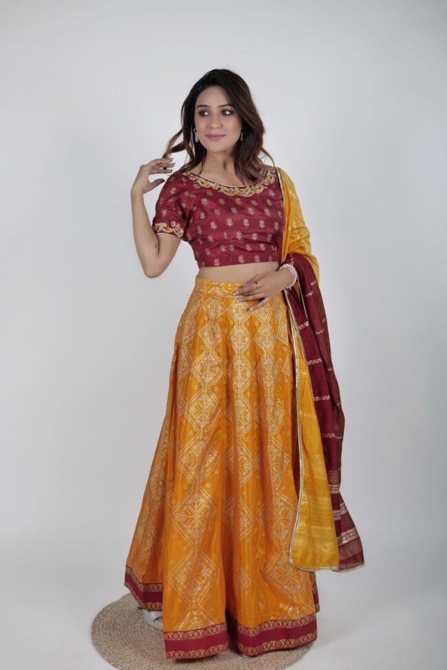 Women Mustard And Maroon Shantoon Embroided And Foil Print Lehnga Choli With Dupatta - Image 7