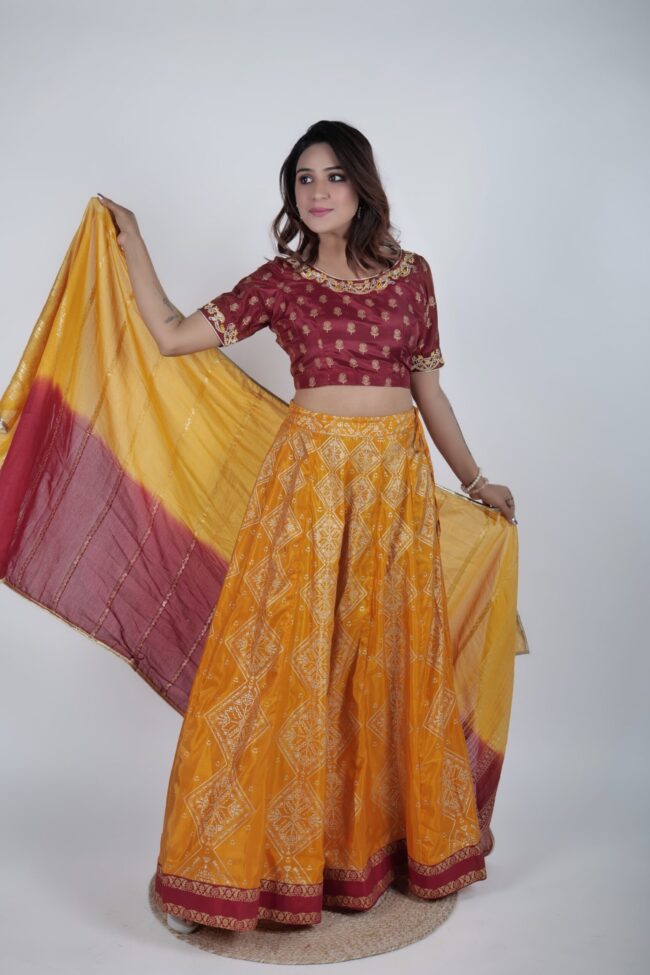 Women Mustard And Maroon Shantoon Embroided And Foil Print Lehnga Choli With Dupatta - Image 6