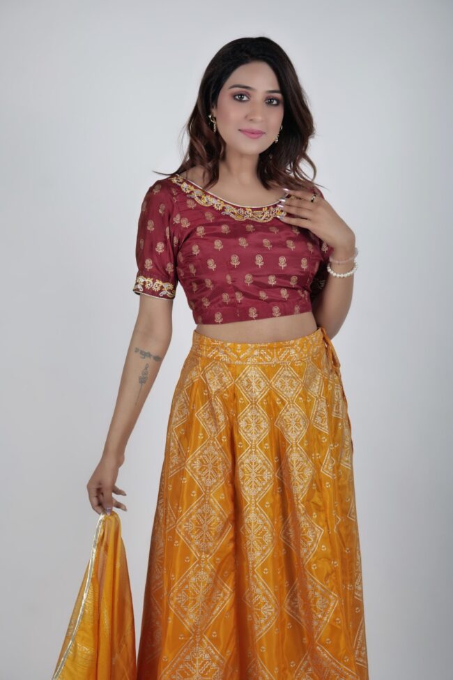 Women Mustard And Maroon Shantoon Embroided And Foil Print Lehnga Choli With Dupatta - Image 5