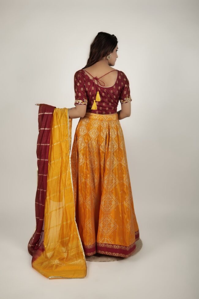 Women Mustard And Maroon Shantoon Embroided And Foil Print Lehnga Choli With Dupatta - Image 4