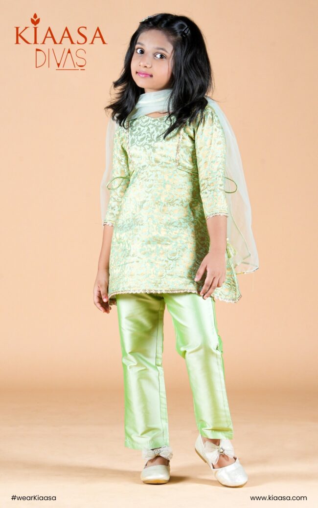 Girls Green Color Brocade A-Line Kurta with Taffta Pants & Dupatta